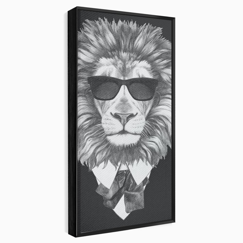 Tablou canvas cu tablou canvas cu leu in costum si ochelari, in rama de aluminiu negru